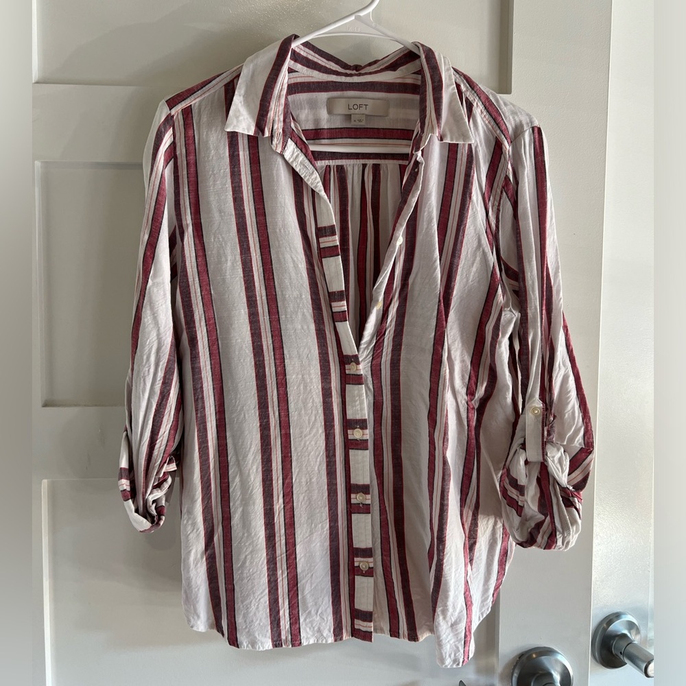 LOFT White and Burgundy Striped Button-Down Shirt